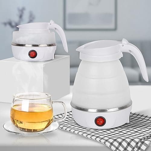 Foldable Electric Travel Kettle,600ml Portable Kettle Silicone Collapsible Heating Water Boiler Tea Pot for Camping,Easy for Storage with Separable Power Cord (White)
