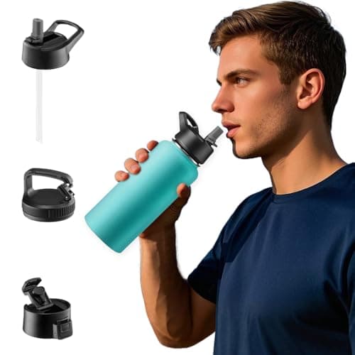 GARUET 950 ML Triple Walled, Insulated Water Bottles with Straw - Stainless Steel Metal Bottle W/ 3 Leak Proof Lids - For Travel, School, Sports, Gym/Men, Women & Kids (Cheery Turquoise)