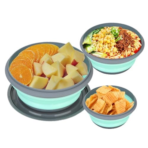 Anicy Foldable Camping Bowls - 3 Pieces Silicone Collapsible Bowl with Lid Portable Food Storage Container Bowl Round for Hiking Kitchen School Outdoor (Green)