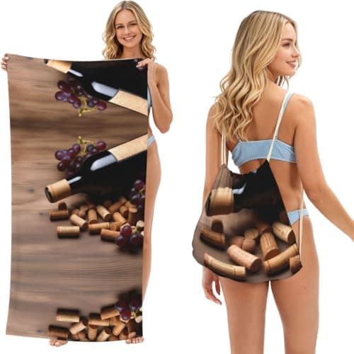 FHECVBN 2 in 1 Packable Towel Bag,Soft Absorbent Pool Towels Backpack Quick Dry Lightweight Beach Towels Wine Bottle Corks Grapes Drawstring Bag for Travel Camping Sports Picnic