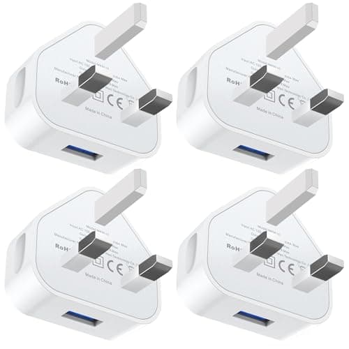 USB Adapter Plug UK 4 PACK, Phone Charger Plug 5V 1A/ 3 PIN USB Wall Plug Socket Charging compatible with iPhone 14/14 Pro/14 Plus/14 Pro Max/13/12/11/XR/XS Max/SE/8/7/6/5