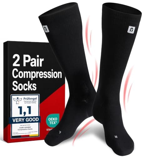 CORE GORIMO - 2 Pairs - Compression Socks for Women and Men - Breathable - Flight Socks Women & Men and Compression Stockings for Standing Work, Flying & Sport (Black, 9 - 12)