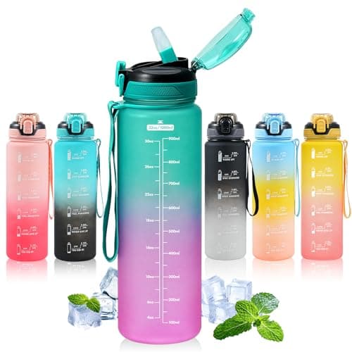 SEASEVEN Sports 1L Water Bottle with Straw for Gym,Office(Green-Purple)