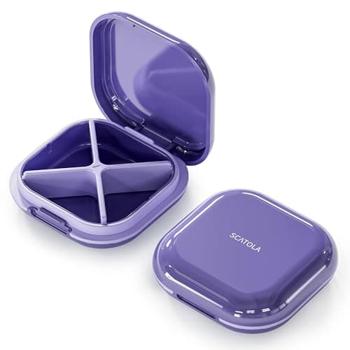 ONTERATE Small Pill Case, Travel Pill Box, Portable Pill Organizer, Pill Container for Pocket 4 Compartments, Daily Compact Travel Medicine Holder for Vitamins Medication (Purple)