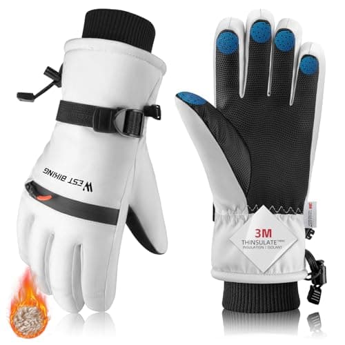 CYCLESPEED Ski Gloves for Men Women Waterproof Thermal Winter Glove Adult Unisex Snow Gloves for Skiing Snowboarding, Snowmobiling, Winter Hiking Outdoor Walking (White, L)