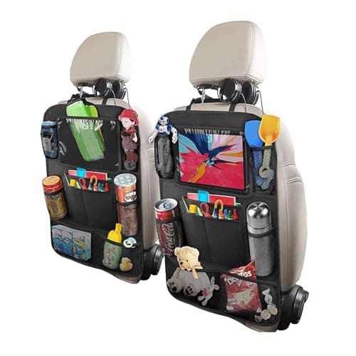 kefeimumu 2 Pcs Car Seat Organizer Backseat, Waterproof Car Back Organizer with Touch Screen Tablet Pocket, Anti-Dirty Kick Mat for Cars SUV Van Travel Accessories for Kids