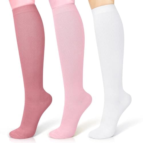 3 Pairs Compression Socks 15-20 mmhg for Men & Women, Support Socks Compression Stockings for Running, Swelling, Nurse, Flight, Nurses,Edema (Pink+Brick Red+White, L/XL)