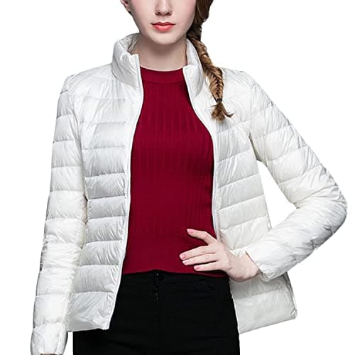 Womens Ultra Lightweight Packable Winter Warm Down Jacket Soft Solid Full Zip Puffer Outwear Coat White