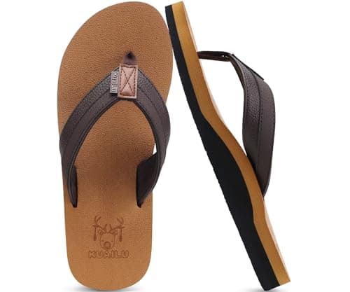 KuaiLu Men's Leather Flip Flops Arch Support Summer Beach Pool Water Thong Sandals Waterproof Rubber Walking Shoes Slip on Orthotic Casual Sport Cushioned Wide Slides Shower Slippers Khaki Brown 10