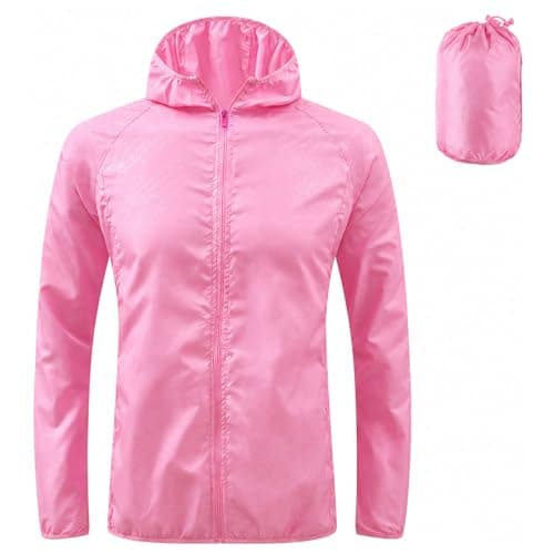 ADUDVLO Men's Lightweight Waterproof Jacket with Pockets, Packable Hooded Windproof Rain Jacket for Travel, Running & Hiking – Includes Carry Pouch (UK, Alpha, S, Regular, Regular, Pink)