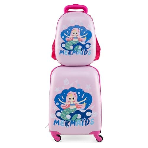 GYMAX 2Pc Kids Luggage Set, 12" & 16" Children Hand Trolley Case with 4 Spinner Wheels, Carry On Suitcase for Boys Girls Travel School (Light Pink)