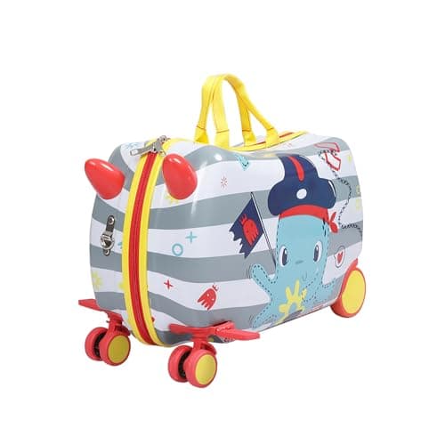 Dekko Kids Luggage Ride-On Suitcase, 2-in-1 Travel Luggage for Toddlers & Children, Carry-On Trolley with Spinner Wheels, Shoulder Strap, Waterproof Hard Shell, 50kg Capacity (Grey)