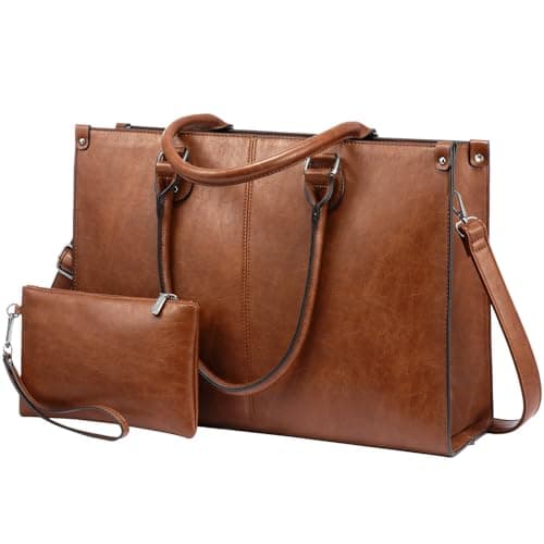 LOVEVOOK Laptop Bags for Women,15.6 Inch PU Leather Tote Bag with Wristlet Pouch, Retro Ladies Handbag Shoulder Bag Briefcase for Work School Office Business,Brown
