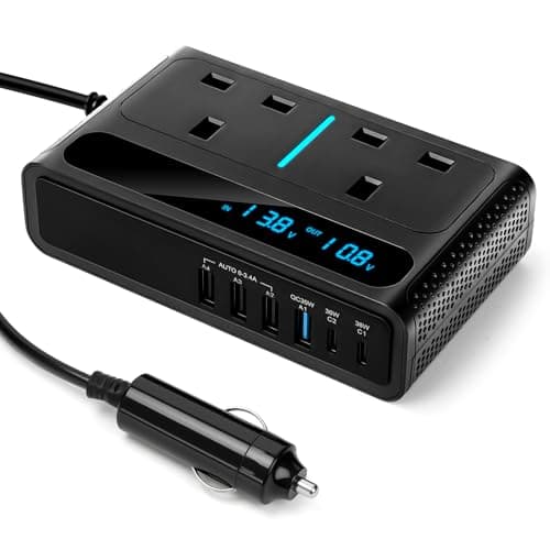 8 in 1 200W Car Power Inverter with 2 Sockets, 4 USB Ports and 2 Type-C Ports, Car Voltage Converter Inverter Convert 12V to 240V 230V AC Auto Power Inverter for Camping Van Caravan