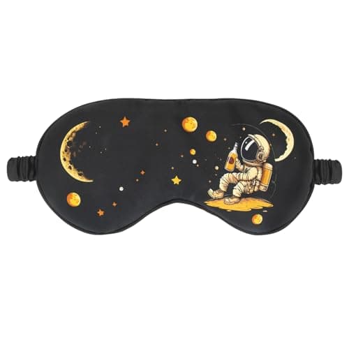 CHEERYMAGIC Silk Sleep Mask, Kids Sleeping Mask, Silk Eye Mask, Blindfold for Sleeping, Elastic Headband Sleeping Mask, Space Cartoon Pattern Print Eye Covers for Travel Works A9TKYHYZ (Black)
