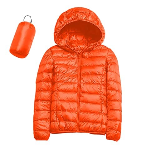 Womens Winter Lightweight Puffer Jacket with Hood Warm Short Packable Women Quilted Jacket Transitional Padded Down Jacket for Ladies Lined for Hiking Travel Plus Size Thin Jacket Down Orange