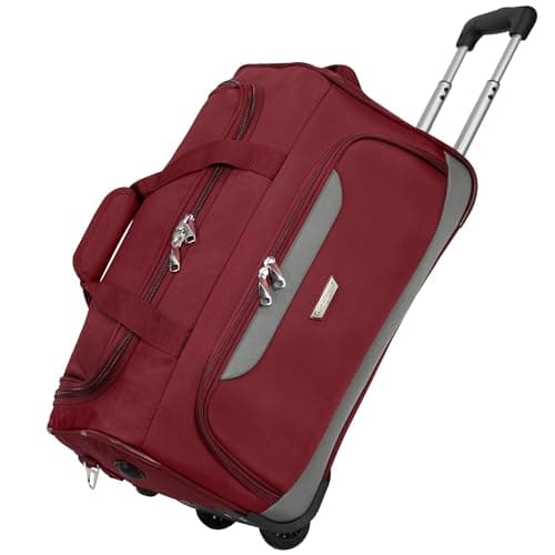 Rocklands® Lightweight Wheeled Holdall Small Duffle Trolley Suitcase Thick Heavy-Duty Cross Nylon EVA-Backed Front, Hard Base Carry On Travel Bag (Small - 20" (H52xW32xD30 cm), Burgundy)