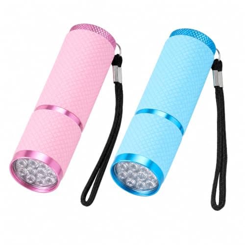 Voskilon 2 Pack Mini Torch Small Torch 9 LED Battery Powered, Glow in Dark Kids Torch with Lanyard, Compact Pocket Torch for Camping Hiking Walking Emergency Use, Aluminium Alloy Blue Pink