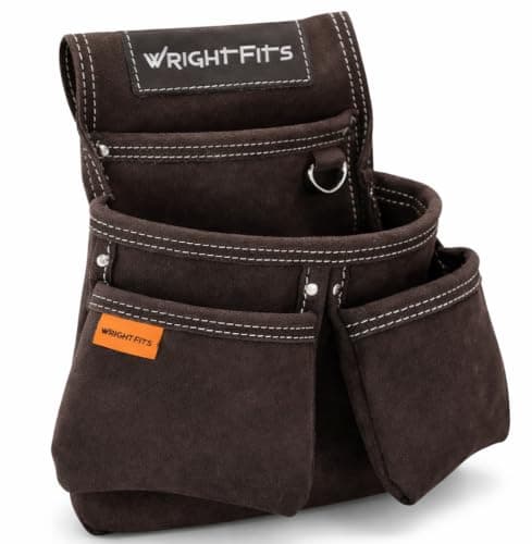 WrightFits Heavy Duty Leather Tool Pouch – 4 Pocket Tool Belt Organiser with Hammer Loop, Metal D-Ring & Nail Holder | Brown Suede Leather Work Pouch for Carpenters, Electricians & Builders