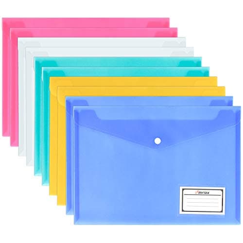 Wallets - 10 Pack A4 Folders Document Files Envelope - Plastic Popper With Label Pocket and Snap Button for School Office Homework Travel, Assorted Colours