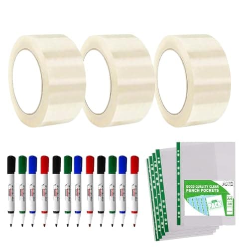 AHG Combo Pack – 12 Dry Wipe Whiteboard Markers (4 Colours) + 3 Rolls Clear Packing Tape (48mm x 66m) + 30 A4 Punch Pockets – Office, School & Home Supplies Set