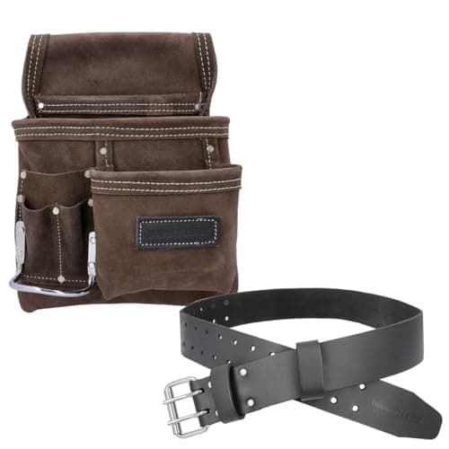 TOUGH MASTER Tool Belt Pouch, 3 Multi Pockets Suede Leather Nail Work, DIY Organiser for Builders, Carpenters, Gardeners, Electricians, Brown, 25 X 29cm, TM-318SP (With 1.4 M Leather Belt)