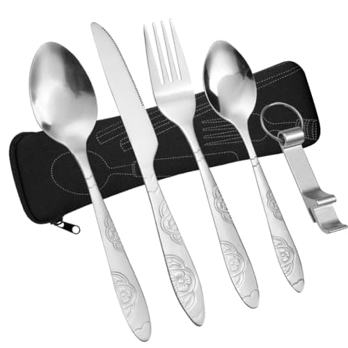 Vicloon 5 Pcs Cutlery Set with Portable Pouch Case, Stainless Steel Flatware Set with Bottle Opener, Travel Cutlery Set with Spoon, Knife, Fork, for Camping Picnic Office School Lunch, Black