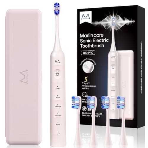 Marlincare Electric Toothbrush for Adults, 48000 VPM Sonic Toothbrush with 5 Cleaning Modes, 4 Brush Heads, Built-in 2-Minute Smart Timer, Travel Case, Rechargeable Toothbrush for 180 Days (Pink)