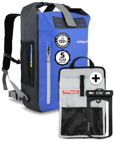 OverBoard Blue Explorer Waterproof Backpack 30L Bundle | Roll Top Floating Dry Bag for Kayaking, Beach, Boating, Hiking, Rafting | Includes Waterproof Phone Case and Backpack Organiser (Blue,30 Litre)