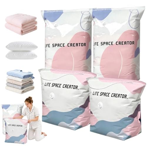 Vacuum Storage Bags, Large Capacity 3D Compression Bags for Clothes Duvet Bedding Blankets Comforters Pillows Travel & Home, No Pump Press & Seal Space Saver, Reusable Heavy Duty (4PACK, 2L+2M Sizes)