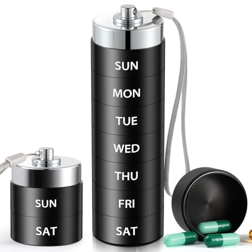 Metal Travel Pill Organiser - 7 Day Waterproof Weekly Pill Box, Large Aluminium Vitamin Container with Stainless Steel Lid, Rugged Daily Medicine Holder for Fish Oil & Supplements, Black
