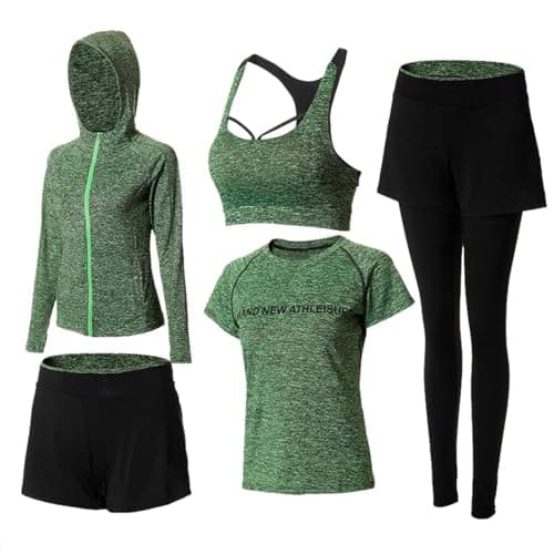 Women's 5-Piece Yoga & Running Outfit Set with Moisture-Wicking Fabric, High-Waisted Leggings & Sports Bra for Gym, Workout, and Active Lifestyle (Dark Green, L)