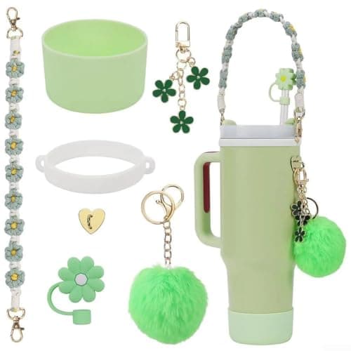 Silicone Cup Chain Accessories 7PCS for 30oz and 40oz Hydration Bottles with Hand Strap and Wool Ball Pendant for Secure Handling (green)
