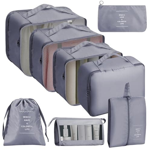 ASAB 9Pcs Packing Cubes for Travel Suitcases Portable Space Saving Double Zippered Suitcase Organiser Bags with Buckle Design Shoes Cosmetics Toiletries Waterproof Luggage Cubes Storage Bags (Grey)
