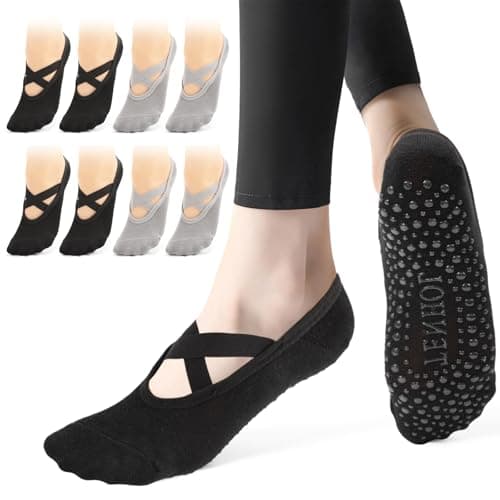 Bafiwu 4 Pairs Grip Pilates Socks,Yoga Socks for Women Non Slip,Reformer Pilates Sock for Pilates, Ballet, Barre, Yoga,Dance (2 black+2 gray)