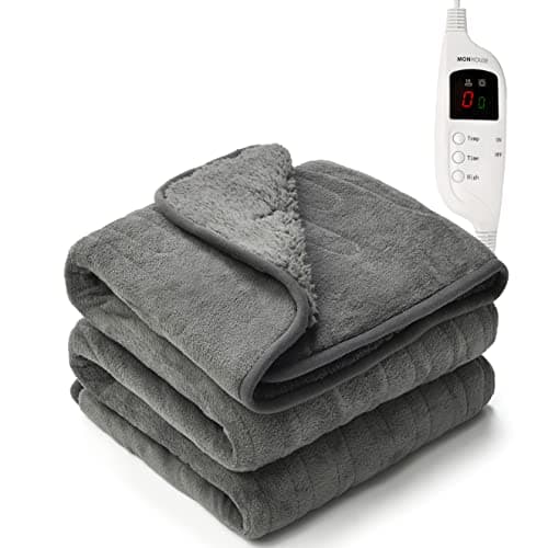 MONHOUSE 130X160 cm Soft Electric Sofa Blanket - Fleece Single Heated Throw With Digital Controller - Machine Washable Bed Throw, Timer up to 9 hours, 9 Heat Settings, Auto Shutoff - Dark Grey Sherpa