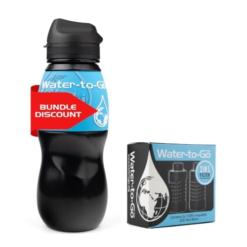 WATER TO GO Classic 750ml Water Purifier Bottle & Replacement Twin Pack Filter Discount Bundle-protects against viruses, bacteria, protozoa, cysts,& microplastics; Guaranteed Leakproof - (Blue)