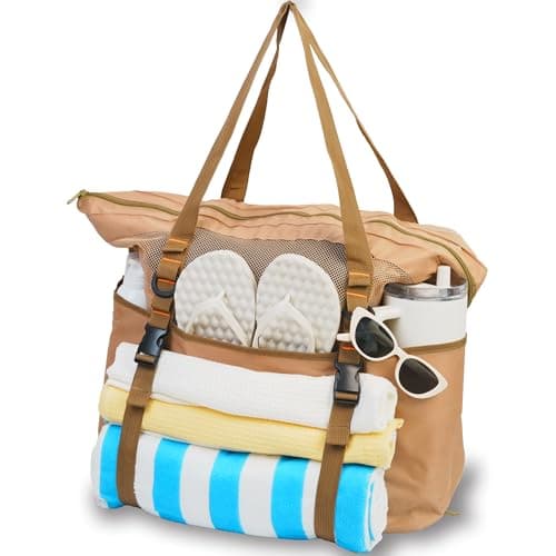 kokkoya Brown 40L Large Mesh Beach Bag with Zip for Family Pool & Travel