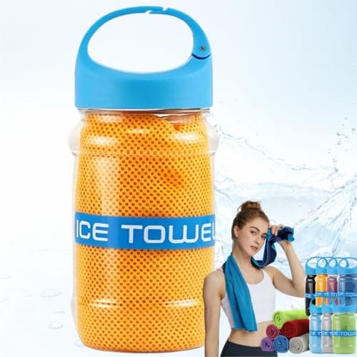 1PCS Cooling Towels, Ice Cold Sports Sweat Towels with Storage Bottle, Microfibre Gym Towel for Neck, Soft Breathable Quick Dry Towel for Gym Yoga Golf Running Camping Fitness & Hot Weather (Yellow)