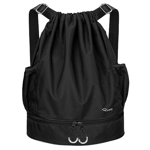 RYACO Drawstring Backpack Sports Gym Bag, Water Resistant String Sackpack Large Size with Zipper and Water Bottle Mesh Pockets for Gym Shopping Sport Yoga School Swimming Beach
