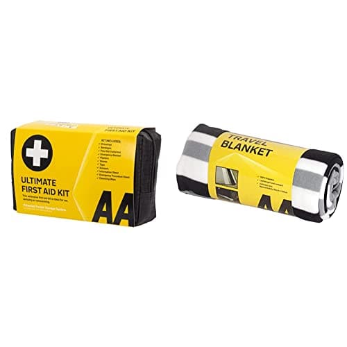 AA Ultimate First Aid Kit - AA0903 - A Family Essential for Car Home Holidays Travel Camping Caravans Office & Travel Fleece Blanket AA3423, 150cm x 120cm Black White Grey Stripes