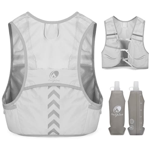 Outplea Breathable Reflective Running Vest with 2 pcs Soft Water Bottle for Men Women, Ultralight Hydration Vest for Jogging Trail Running Cycling Race Marathon, Grey/L