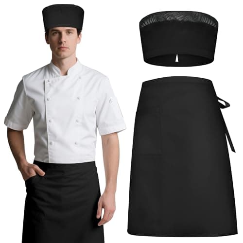 DiULi Apron and Chef Hat Set, Adjustable Black Chef Apron with Pockets, Women's Cooking Kitchen Bib for Home Gardening Café