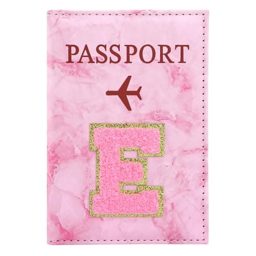 ILIYAH Personalized Initial Passport Holder – Pink Marble Chenille Letter, Waterproof PU Leather Passport Cover, Cute Travel Gift for Women and Girls