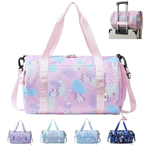 YOUYIKE Small Gym Bag for Girls, Unicorn Travel Bags, Swim with Shoes Compartment & Waterproof Pocket, Waterproof Dance Bag, for Girls Fitness Workout, Travel, Dance, Ballet, Swim, Pink