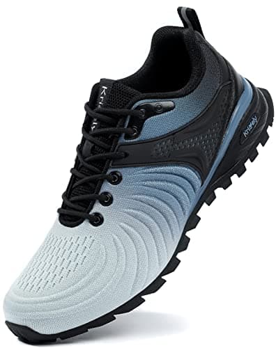 Kricely Mens Trail Running Shoes Breathable Lightweight Hiking Trekking Trainers Walking Shoes White Blue 10.5