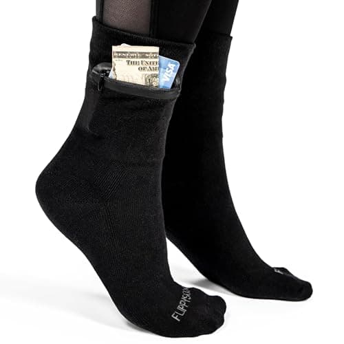 Flippysox Zipper Sock Wallet - Cotton & Polyester Zipper Socks with Pockets - Fits shoe size 6-13, Black, 6-13