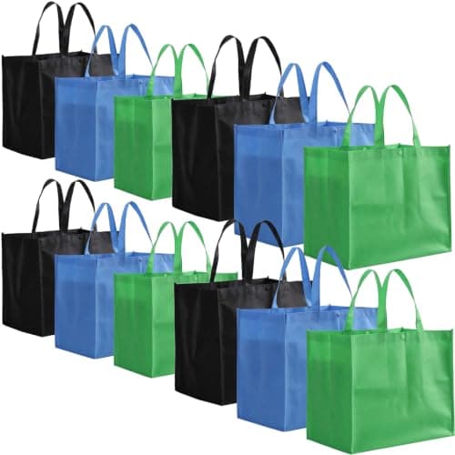 Tosnail 12 Pack Large Reusable Grocery Tote Bag with Handles Durable Foldable Non-Woven Shopping Bags - 3 Colors