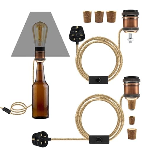 LAKONEI 2 Pack DIY Bottle Lamp Kit Vintage, Burgundy E27 Ceramic Socket with 2.4m Braided Jute Cable & 3 Stoppers, Bottle Lamp Holder with Switch and Plug, Fits Most Bottles for DIY Table Light
