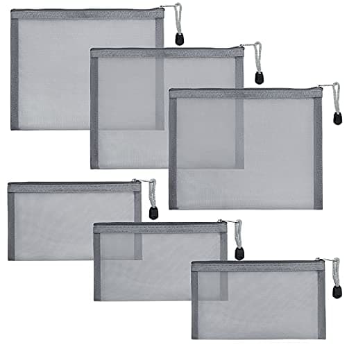 GINOYA 6 Pack Mesh Toiletry Bags, Nylon Zip Pouches, Grey, Travel Pouches